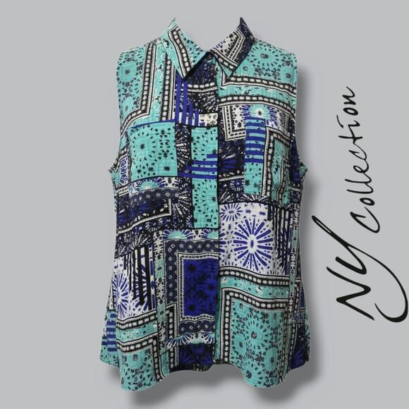 NY Collection Women’s Plus 2X Sleeveless Button Front Patchwork Print Blouse - Picture 7 of 7